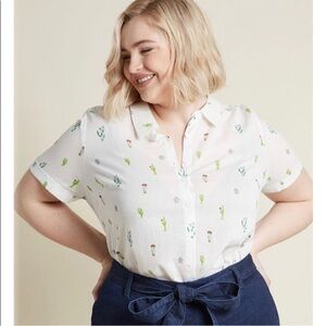Modcloth White Cactus Print Button Down Shirt Size 2X